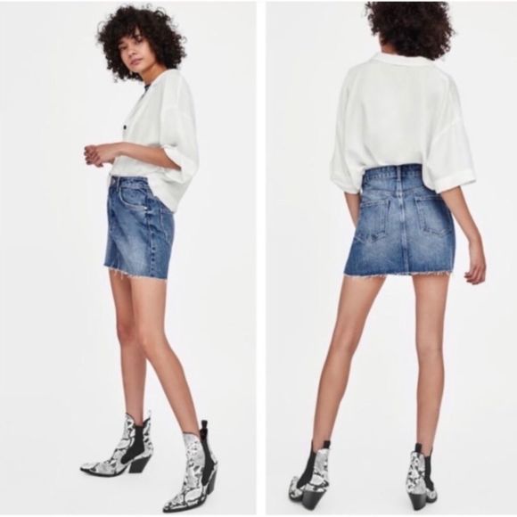 Trafaluc by Zara Authentic Denim by TRF Distressed Frayed Raw Hem Mini Skirt - Picture 5 of 16